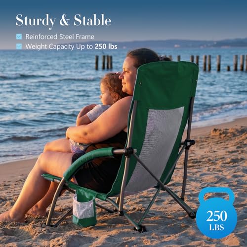 DUMOS Low Camping Beach Chair, Lightweight Folding Portable Beach Chair with Cup Holder, Storage Pocket, Breeze Mesh Back, Padded Armrests, Low Profile Chair for Camp, Picnic, Lawn, Sand, Green - color: Green, size: 25.79*22.24*27.36inch