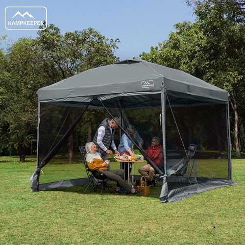 KAMPKEEPER 10x10 Pop-Up Canopy Tent, Waterproof Portable Shade with Screen Walls, Adjustable Instant Outdoor Shelter for Camping, Backyard, and Events, Dark Grey - color: Dark Grey