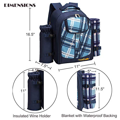 Apollo Walker Picnic Backpack Bag for 2 Person with Cooler Compartment, Detachable Bottle/Wine Holder, Fleece Blanket, Plates and Cutlery (Blue) - color: Blue, size: 2 Person