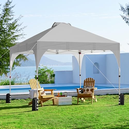 Yaheetech 10x10 Pop Up Canopy Tent with Vent, Easy Set Up Tent, Instant Sun Shelter Canopy with Wheeled Bag, 4 Sandbags, 12 Stakes & 4 Ropes, for Parties, Beach, Outdoor, Light Gray - color: Light Gray, size: 10x10