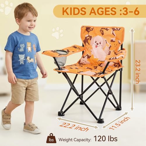Huskfirm Padded Kids Camping Chair Folding Toddler Chair with Cup Holder & Safety Lock Portable Kids Beach Chair Ages 3-6 for Outdoor Camping Foldable Kids Chair Support 120lbs,Orange Dog - color: Orange Dog