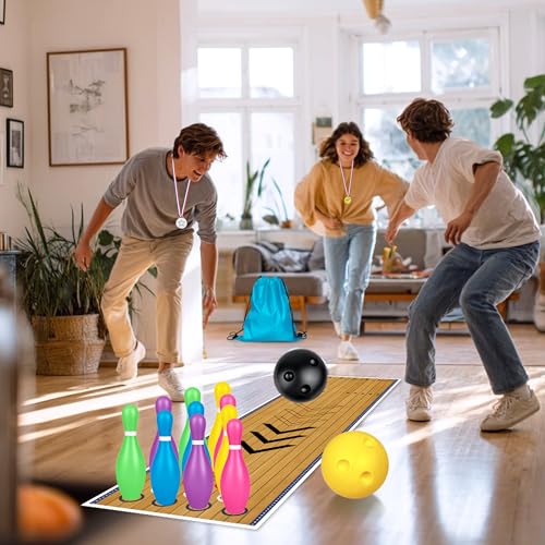 Mini Bowling Set Indoor Outdoor Indoor Bowling Set with Guide Arrow Mat Gold and Silver Medal Backpack Dispensing - color: Colorful