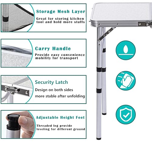 YihuiKo Folding Camping Table with Adjustable Height, 23.6" x 15.8" Portable Lightweight Tables with Aluminum Legs for Outdoor Camp, Picnic, Beach, Backyard, Tailgate Cooking, 3 Heights