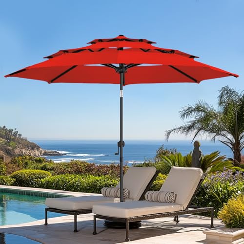 wikiwiki 9ft 3-Tier Patio Umbrella Outdoor Table Market Umbrella for Patio with Push Button Tilt/Crank, Fade Resistant Waterproof POLYESTER Canopy for Garden, Lawn, Deck, Backyard & Pool, Light Red - color: Light Red, size: 9 FT