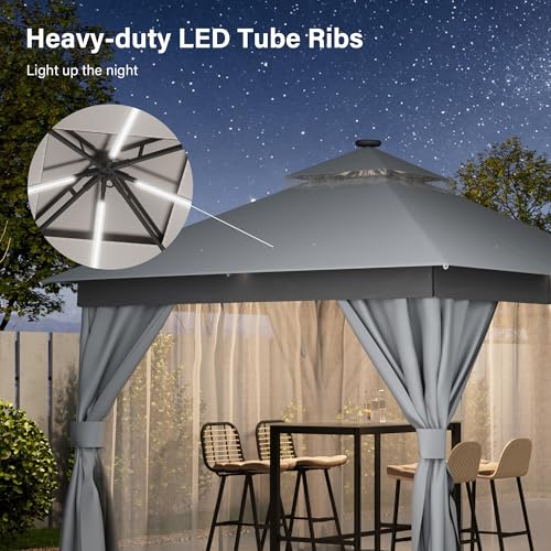 LAUSAINT HOME 10'x10' Outdoor Gazebo with Solar LED Lights, Metal Frame Heavy Duty Patio Canopy Tent Shelter with Double Roofs, Mosquito Nettings and Privacy Screens for Backyard, Garden, Lawn, Gray - color: Gray, size: 10'x10' with LED Lights