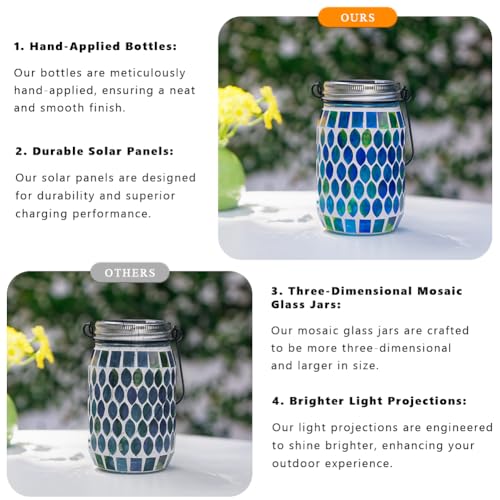 Starsoul 4 Pack Solar Lanterns Outdoor Waterproof, Decorative Teal Mosaic Glass Outdoor Lantern, Hanging Solar Garden Lights for Outside Pathway Patio Porch Yard Table, Gifts for Women Mom Grandma - color: Teal-4PC