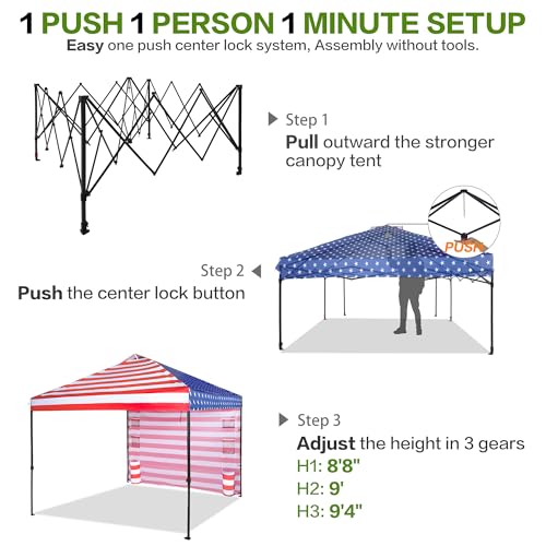 Tunbne 10'x10' Pop Up Canopy Tent with 1 Sidewall and 6 Pockets, One Push Setup, Instant Shade Tent with Vented Roof for Beach Patio Outdoor, Case, 8 Stakes, 4 Ropes, 4 Sandbags (Flag, 10x10) - color: Flag, size: 10x10