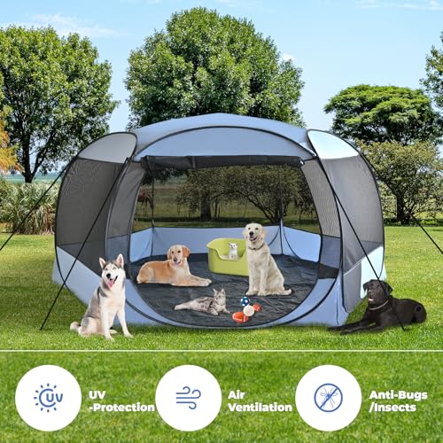 XXLarge Popup Portable Dog Houses, 10'x4.8'H Assembly-Free Gazebo-Style Kennel Dog Playpen Pet Screen Tent Sun Shade Shelter, Dog Crates Canopy for Travel Camping Anti-Bugs with Leakproof Bottom - color: Grey, size: XXLarge, 10' x 10' x 4.8'H