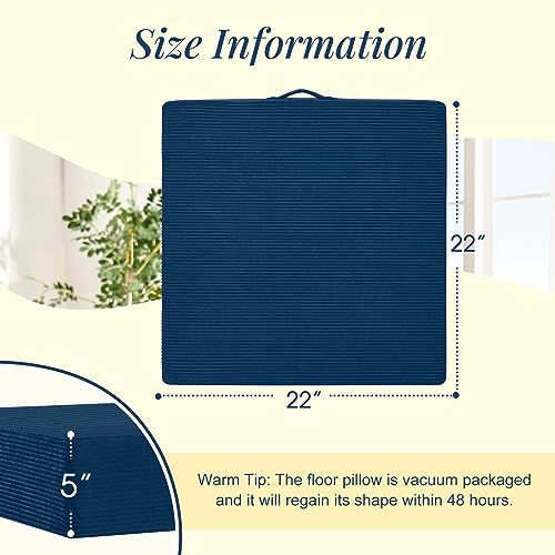 Wellsin Solid Square Floor Pillows for Adults Kids - Large Meditation Floor Pillow Seating Cushion with Thick Foam & Washable Velvet Cover, 2 Pack, 22x22x5 Inch, Dark Blue - color: Navy Blue, size: 2 Pack (22"x22")