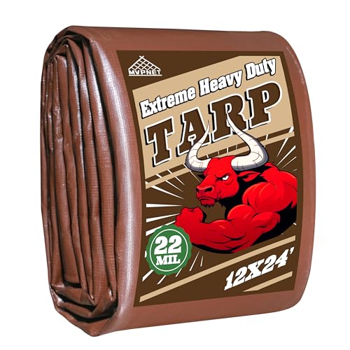 12x24 FT Tarp 22 mil Extreme Heavy Duty Waterproof tarps,Brown&Beige Multipurpose Outdoor Tarpaulin Tear-Proof&UV-Resistant,for Canopy,Camping,Roof,Trailer, Etc - size: 12×24