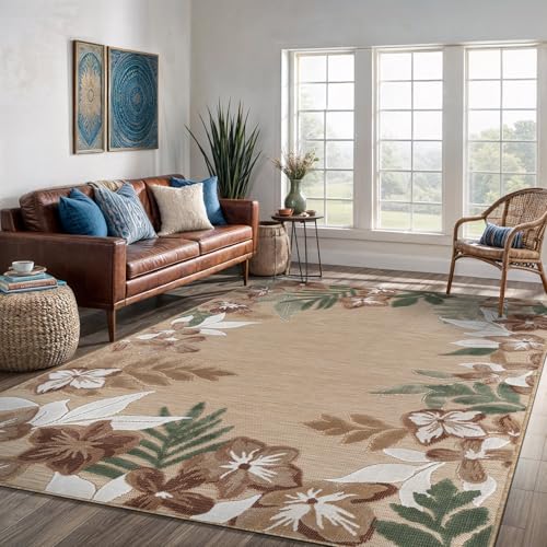 Outdoor Rug 8x10 Washable Area Rugs Indoor Outdoor Carpets Beige Border Floral Non Shedding Waterproof Easy Clean Patio Deck Porch Living Room Bedroom Garden RV (8 X 10 Beige) - color: 1-beige, size: 8' x 10' (Rectangular)
