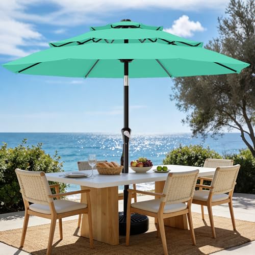 AreShark 9ft 3-Tier Patio Umbrellas, Outdoor Umbrella with 8 Sturdy Ribs UV Protection Windproof, Market Table Umbrella w/Push Button Tilt & Crank for Pool, Porch, Deck, Garden(Turquoise) - color: Turquoise