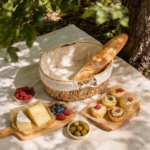 Wicker Picnic Basket with Folding Handles,Handwoven Water Hyacinth with Removable and Washable Lining,Oval Empty Basket for Toy,Flower,Wedding,Camping,Wine,Outdoor,Beach,Easter,Garden Picking