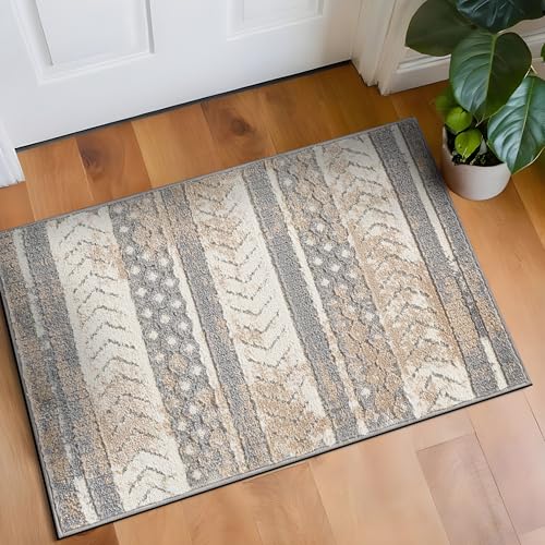 Rugshop Distressed Geometric Indoor/Outdoor Beige Area Rug Modern Tribal Stripe, Durable Stain Resistant Perfect for Patio, Backyard, Deck and Outdoor Lounge 2'7" x 4' - size: 2'7" x 4' (Rectangular)