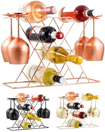 Gusto Nostro Countertop Wine Rack with Glass Holder for 8 Bottles & 4 Glasses, Small Modern Tabletop Wine Rack - No Assembly Wine Holder Stand for Home Kitchen Cabinet Wine Cellar Storage (Rose Gold) - color: Rose Gold, size: 8 Bottles