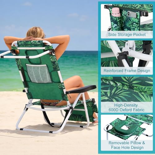 ABORON Tanning Chair with Face Hole, 5-Position Adjustable Reclining Beach Lounge Chair, Folding Face Down Sun Lounger for Beach, Poolside, Patio, Lawn, Home - color: Green