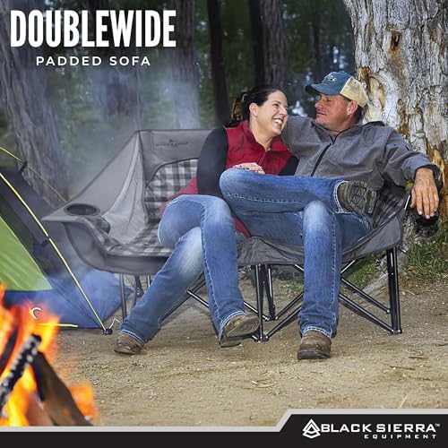Black Sierra Double Padded Folding Camping Chair, Oversized Folding Camp Sofa, Portable Outdoor Loveseat Supports 500 lbs, Perfect for Beach, Tailgating, RV, Sports, Patio - color: Grey Buffalo Check