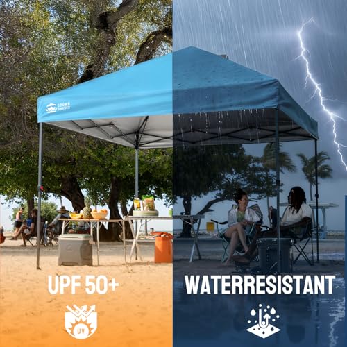 CROWN SHADES 10x10 Pop Up Canopy Tent - Patented Center Lock One Push Instant Outdoor Canopy Beach Tent with STO-N-Go Bag 8 Stakes & 4 Sand Bags，Sky Blue - style: Sky Blue