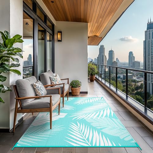 GENIMO Outdoor Rug 8' x 10' Waterproof for Patios Clearance, Reversible Outdoor Plastic Straw Camping Rug Carpet, Large Area Rugs Mats for RV, Camper, Deck, Balcony, Porch, Beach, Aqua Blue&White - color: Aqua Blue & White | Waterproof, size: 8' x 10' (Re