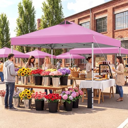 Tangkula 10 x10 Ft Pop Up Canopy with Center Lock, UPF 50+ One-Button Setup Outdoor Canopy Tent with Roller Bag, 4 Sand Bags, Heavy-Duty Steel Frame, 8 Stakes, 4 Ropes for Camping, Picnic (Pink) - color: Pink