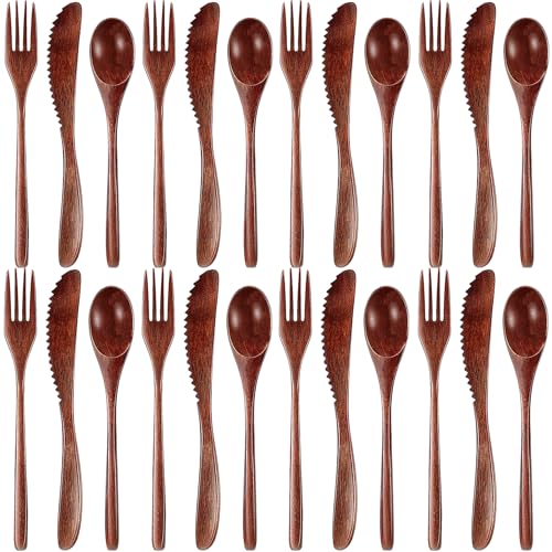 Wooden Utensils for Eating 24 Pcs Wooden Cutlery Set Reusable Cooking Travel Wooden Spoons Forks Lunch Utensils Silverware Set for Lunch Portable Wood Flatware Set for Eating - color: 8 Cutlery Sets of Knives Spoons and Forks