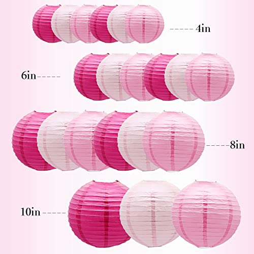 Pink Paper Lanterns Decorative, Hanging Round Paper Lanterns Indoor Outdoor for Valentines Day Decorations Graduation Wedding Birthday Baby Showers Tea Party Decorations, 21pcs - color: Pink
