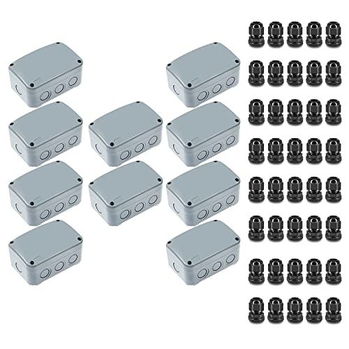 NineLeaf Outdoor Junction Box,IP66 Weatherproof Electrical Project Boxes PVC/ABS Plastic Enclosure Box Universal Watertight 4.9 x 3.3 x 2.3 inch (125x86x62mm), with 4PK 20mm Cable Gland Grey(10 Sets) - color: 10PK, size: Medium+4*M20