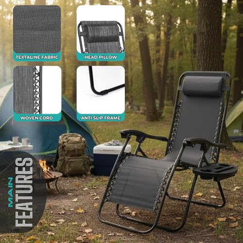 (2-Pack) Zero Gravity Lounge Chair Adjustable Outdoor Reclining Chair Folding Patio Anti-Gravity Indoor Outdoor Lounge Chair w/Pillow, Cup Holder (Two Chairs - Gray) - color: Two Chairs - Gray