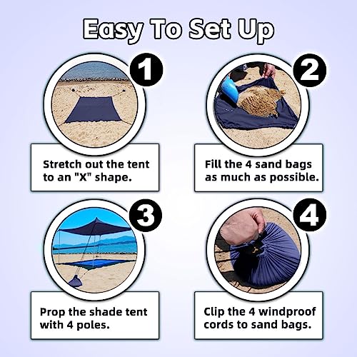 EasierHike Beach Shade Tent, 10×10 Ft Portable Easy Pop Up Beach Canopy, UPF50+ Sun Protection Shelter, Windproof & Water Resistant, Stable with 4 Sandbags & Windproof Cords, Perfect for Family - color: Navy Blue, size: 10x10 FT 4 Poles