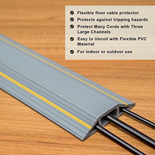 AGPTEK Heavy Duty Floor Cable Cover Cable Protector, 6.5 Ft Floor Cord Protector 3 Channels Floor Cord Cover (Mid Channel 0.93") Contains Cords, Cables and Wires, Good for Office, Home, or Outdoor - color: Grey