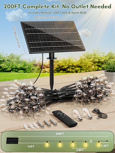 200FT Solar String Lights Outdoor Waterproof, 72+2 LED Solar Powered Lights with Remote Control, 3 Light Modes & Dimmable, USB-C Charging for Patio, Backyard, Garden, Camping - size: 200FT