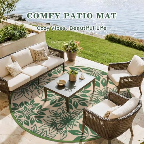 6ft Round Waterproof Outdoor Rug for Patio, Green Reversible Plastic Straw Carpet, Boho Outdoor Rugs, Fade Resistant & Easy Clean Deck Mat, Ideal for Porch, Backyard, RV, Camping and Picnic - color: Green, size: 6' (Round)