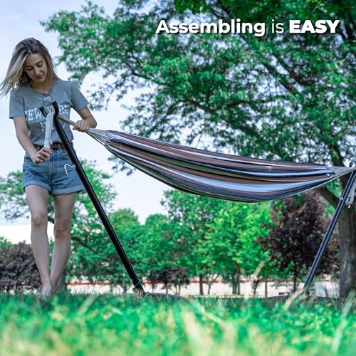 Backyard Expressions Double Camping Hammock with Steel Stand & Carrying Bag, Adjustable Height, Ultra Soft Cotton Blend, 550 lb Capacity, Indoor & Outdoor Portable Hammock - color: Desert Sand