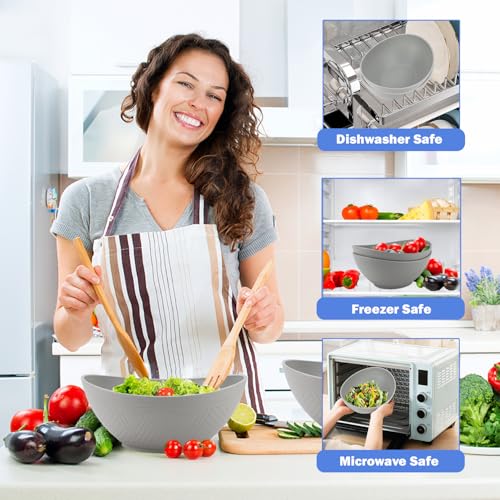 Wrova Wheat Straw Bowls Set,Unbreakable Large Salad Bowls Set of 2,Microwave and Dishwasher Safe Bowls Plastic Bowls for Eating,BPA Free Salad Bowl for Serving,Oatmeal and Salad.Gray - color: Gray, size: 2 Pack