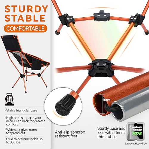 MARCHWAY Lightweight Folding High Back Camping Chair with Head Support, Stable Portable Compact for Outdoor Camp, Travel, Beach, Picnic, Festival, Hiking, Backpacking (Highback Orange) - color: Highback Orange