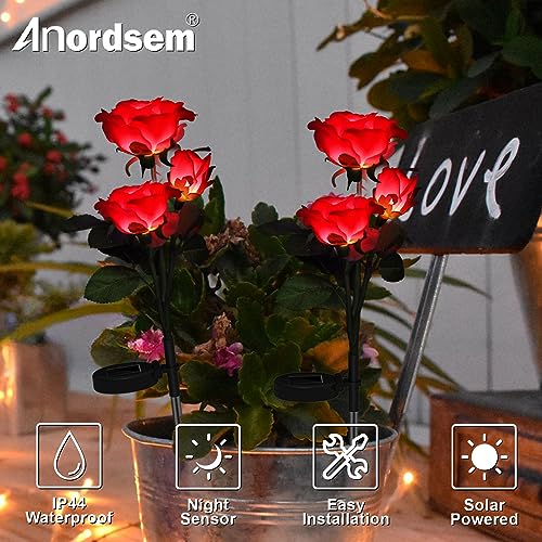 Anordsem Rose Lights Solar Powered for Women: Garden Light Waterproof for Yard Decorations Outdoor - Flower Lamp Colorful Lighting Cemetery Decor - Mother's Day Birthday Gifts for Mom Wife - color: Red, size: 2 pack (LED luminous color-changing)