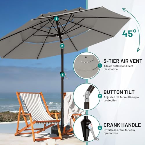 AreShark 9ft 3-Tier Patio Umbrellas, Outdoor Umbrella with 8 Sturdy Ribs UV Protection Windproof, Market Table Umbrella w/Push Button Tilt & Crank for Pool, Porch, Deck, Garden(Foggy Gray) - color: Foggy Gray