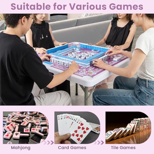 Goplus Mahjong Table, 35" Square Folding Card Table w/4Cup Holders, Anti Slip Mat, HDPE Tabletop, Metal Legs, Portable Mahjong Game Table for Domino Game, Picnic (Pink, Table w/Removable Mat) - style: Pink, Table w/Removable Mat