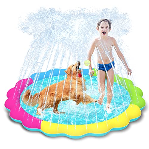 Raxurt Dog Pool, 59in Anti-Slip Splash Sprinkler Pad for Dogs 0.55mm Thickened Durable Upgrade Bath Pool Pet Summer Outdoor Water Toys Backyard Fountain Play Mat, Colorful - color: Colorful, size: 59in