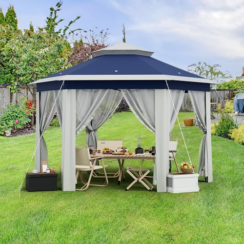 Takywep 13x13 ft Outdoor Gazebo Pop Up Canopy Tent, Heavy Duty Metal Frame, Double UV Protection, Privacy Screen Curtain, 3-Height Adjustable, Wheeled Bag & Ground Stakes for Backyard Patio Bule - color: Blue + Beige