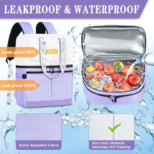 Scothen Backpack Cooler with Double Decker & 12 Ice Packs- Keeps 36 Cans Cold for Up to 24 Hours- Waterproof & Leak Proof Insulated Cooler Backpack- Stylish Cooler Bookbag for Women Travel Work Beach - color: Light purple