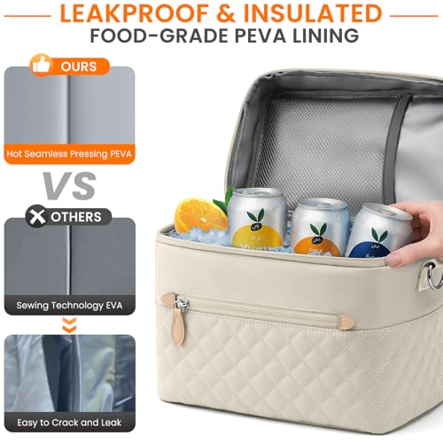 Tenot Insulated Lunch Box for Women Reusable, Leak Proof Cooler Lunch Bag Women for Work Stylish Quilted Lunch Tote Bag for Adult Picnic Travel Hiking Beige - color: Beige