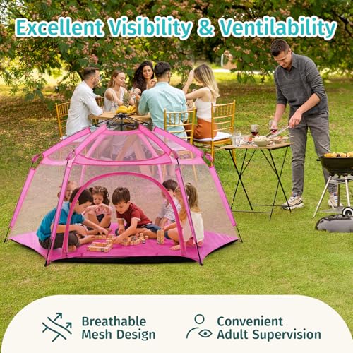 Alvantor® Pop Up Playpen 7'x7'x44”Baby Playpens Large Kids Play Tent Portable, Foldable Playpen Indoor/Outdoor Mesh Play Yard, Infant Mosquito Net, UV SPF 50+ Sunshade, Soft Foam Floor, Pink - color: Pink, style: Upgraded with top mesh*6