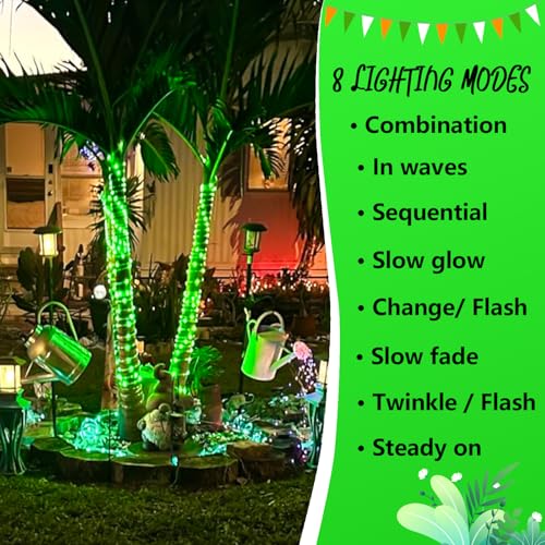 YEGUO Solar Rope Lights Outdoor Waterproof, 66ft 200 LED Green String Lights, 8 Modes Fairy Lights in Clear Thin Tube - color: Green