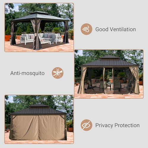 Domi 12' X 14' Hardtop Gazebo, Upgraded Metal Gazebo with Drainage System, Dual-Layer Galvanized Steel Roof, Curtain and Netting, Outdoor Shelter Canopy for Patio, Garden, and Backyard, Brown - color: Brown, size: 12'x14'/w gutter