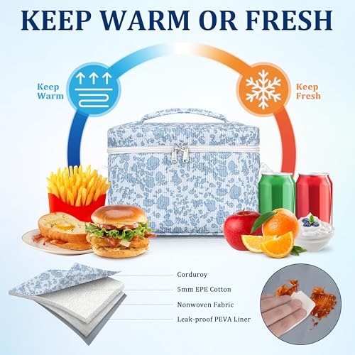 TESAFNG Insulated Lunch Bag for Women, Cute Corduroy Reusable Lunch Box for Adult, Leakproof Cooler Bag for Work Office Travel Picnic, Lunch Tote Bag with Adjustable Shoulder Strap (Blue Flower) - color: Blue Flower