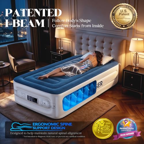 VOSSER Twin Air Mattress with Built-in Pump,Fast & Easy Inflation/Deflation Inflatable Mattress, Foldable Blow Up Mattress with Storage Bag, Inflatable Bed for Home, Camping & Guests - color: Blue, size: Twinxl 15''(standard Height)