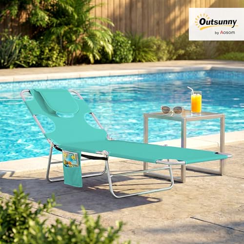 Outsunny Chaise Lounge Chair Outdoor with Face Arm Hole, 5-Position Reclining Face Down Tanning Chair with Carry Strap, Side Pocket, Portable Folding Bed Cot for Patio Beach Pool, Light Green - color: Light Green, size: 1 Piece