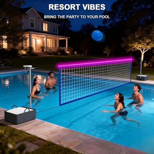 Pool Volleyball Net Set with High Brightness LED Solar Powered Lights, 15ft-32ft Adjustable Portable Volleyball Net with 40L Weighted Base for Inground Pools, 2 Ball & Pump for Family Fun, Party Games