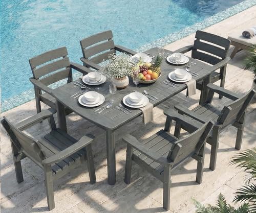 7-Piece Outdoor Dining Set, All-Weather HIPS Patio Table & Chairs for 6, Outdoor Furniture with Umbrella Hole, Ideal for Garden, Poolside, Backyard, Deck, Dark Gray - color: Dark Gray, size: 7 Pcs (1t+6c)